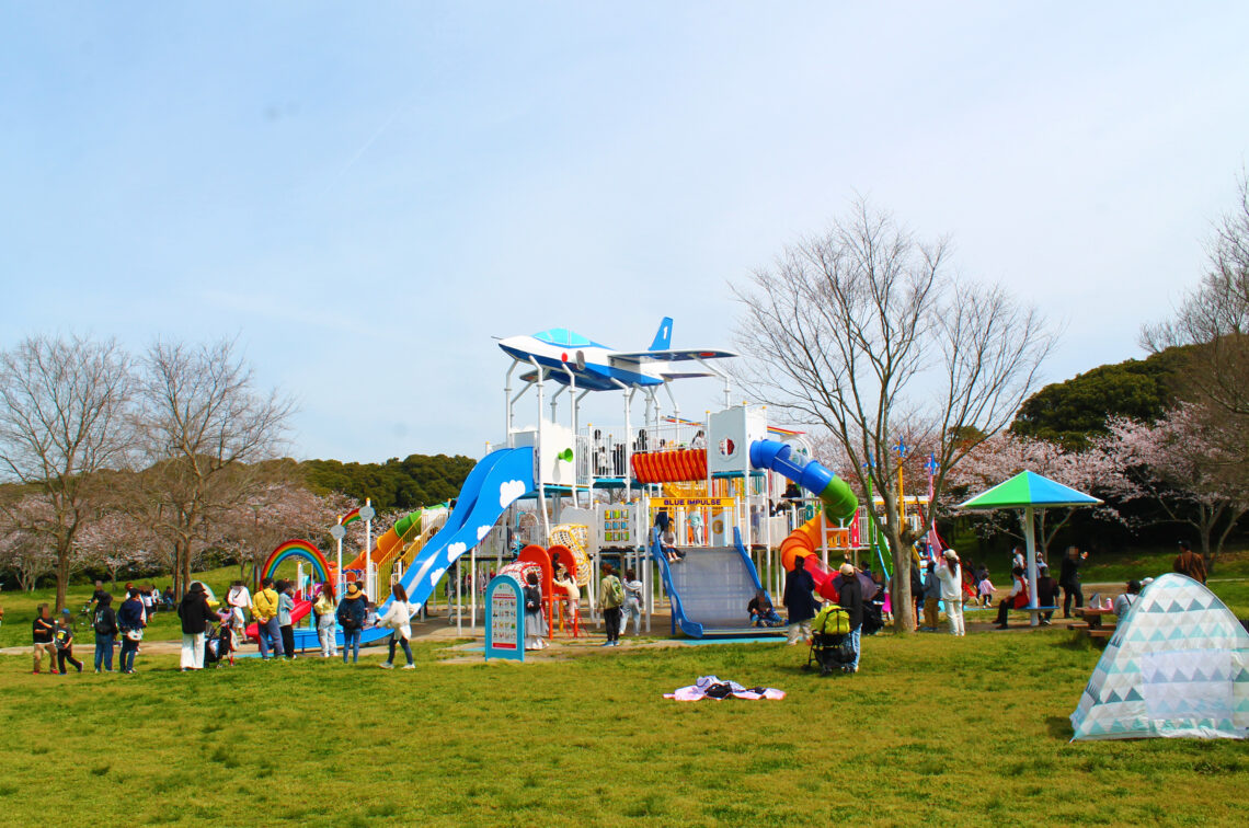 桜が満開の弓の師近隣公園全体の風景。新遊具の周りの芝生広場には、サンシェードやテントを広げてピクニックを楽しむ多くの家族連れで賑わっている。